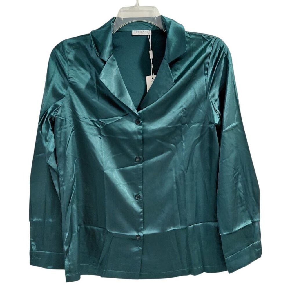 CHIGANT Satin Top Women's Emerald Green Long Sleeve Button Down Size M